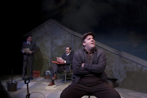 (left to right) Jay Perry as Hayek, Mark Fossen as Keynes, Kirt Bateman as Mr. Bowles